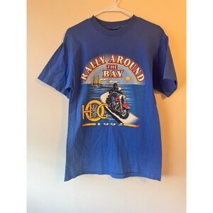 Vintage 90s Harley Davison blue and yellow biker tee Single stitch | Size XL